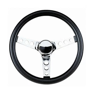 Classic Steering Wheel Thick Black Vinyl Foam Grip Chrome Finish Steel Spokes - Picture 1 of 3