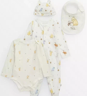Winnie The Pooh 4 Pc Starter Seat~ Sleepsuit,bodysuit,bub& Hat~ 12-18 Months  - Image 1 of 4