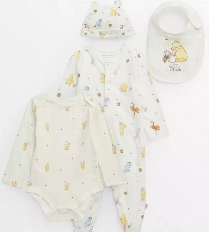 Winnie The Pooh 4 Pc Starter Seat~ Sleepsuit,bodysuit,bub& Hat~ 12-18 Months  - Image 1 of 4