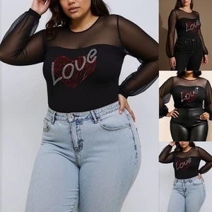 Curvy Women Tops T-Shirt Rhinestone Heart Print Gothic Party Blouse Plus Size - Picture 1 of 14