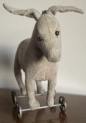 Burro Steiff antiguo de lana de colección con ruedas de metal botón largo F, Ff BONITO Foto 1 de 4