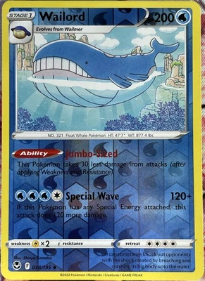 Wailord Reverse Holo - 038/195 - Silver Tempest Pokemon 2022 - Image 1 of 3