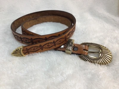 "Cinturón Western de cuero tooled con hebilla tono dorado aprox. 30-33""" Foto 1 de 4