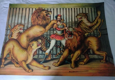 Rare Vintage Large 70 x 50cm Male Lion Tamer Circus Canvas Poster Print - Bild 1 von 4