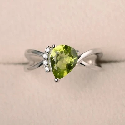 2.10 Ct Natural Peridot & Diamond Anniversary Ring 14K Real White Gold Size 7 - Image 1 of 4