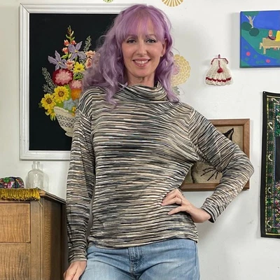 Jersey vintage de cuello alto teñido espacial, años 70 a rayas tejido manga larga capas XL Foto 1 de 4