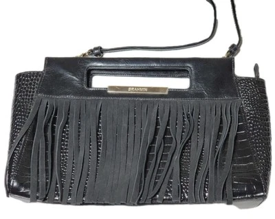 Bolso sin asas Brahmin Lenox negro tri-textura cuero bandolera gamuza flecos L82 829 Foto 1 de 4