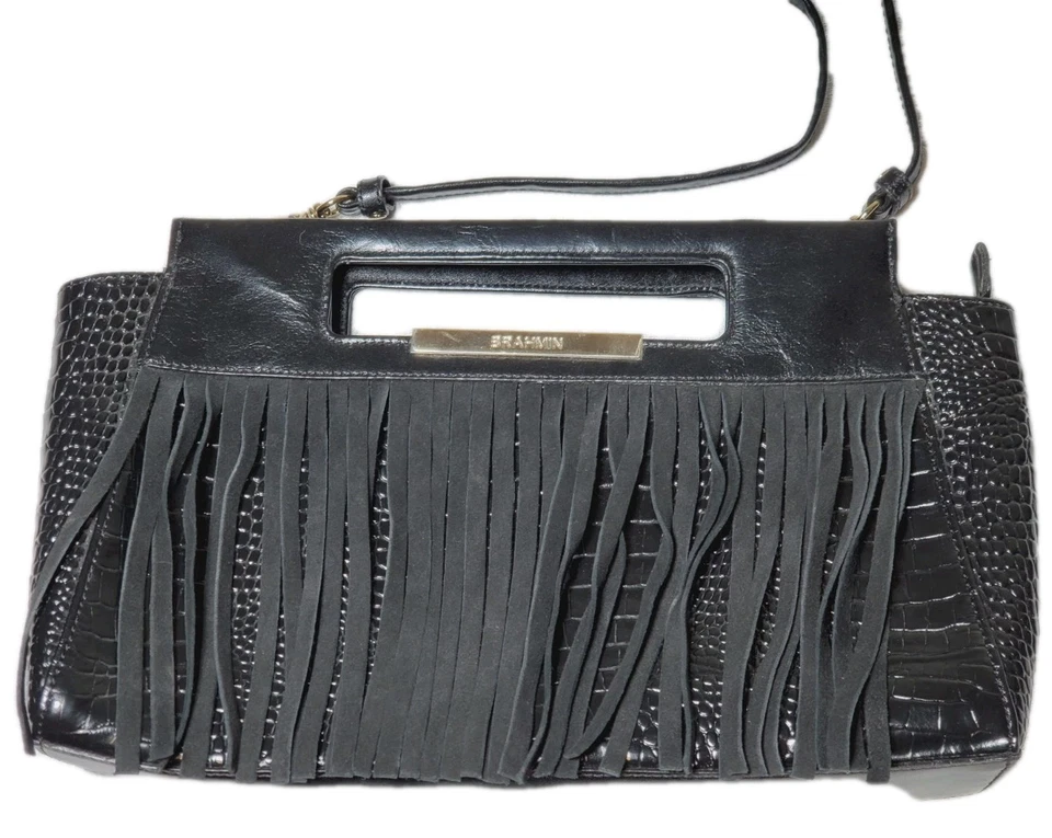 Bolso sin asas Brahmin Lenox negro tri-textura cuero bandolera gamuza flecos L82 829 Foto 1 de 4