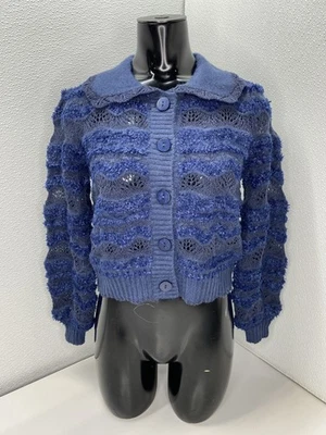 Farm Rio Womens Cardigan Sweater Navy Blue Size XXS Mixed Stitches Button Down - Image 1 of 4