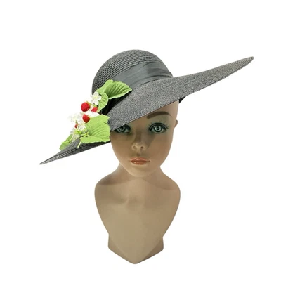 Sombrero de paja negro de ala ancha Betmar con cinta y acento floral de fresa nuevo con etiquetas de colección Foto 1 de 4
