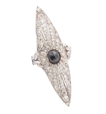 铂金和 10K 金色维多利亚钻石和蓝宝石鸡尾酒戒指 尺寸 7.5 GR200 — 第 1/4 张图片