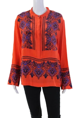 Blusa Top Naranja J Crew Para Mujer Estampado de Seda Cuello Henley Manga Larga Talla S Foto 1 de 4