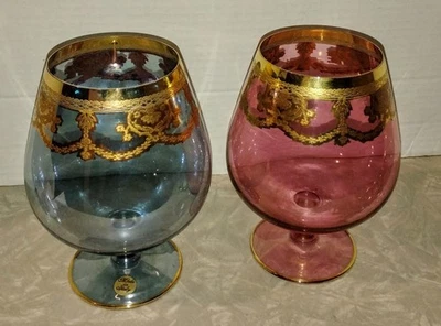 "Copas de vino iridiscentes Empoli 6"" 1 azul 1 borde de oro rosa hechas en Italia" Foto 1 de 4