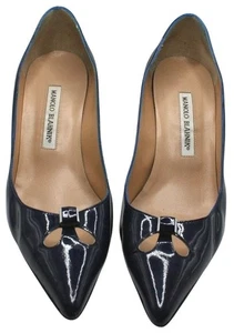 Manolo Blahnik Navy Patent Leather Heels Bow Cutout Size 9.5 (EU 39.5) Designer - Picture 1 of 7