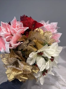7 Christmas Poinsettia Pine Cones Artificial Flower bunches for Decor or Crafts - Picture 1 of 9