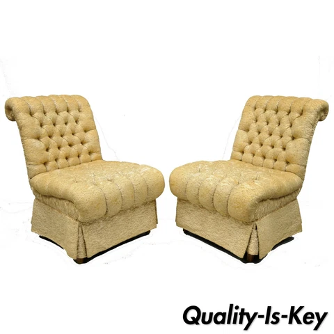 Pair Dorothy Draper Style French Hollywood Regency Rolled Back Slipper Chairs Cover