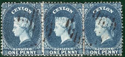 CEYLON QV PENCE ISSUE Classic SG39 1d Dull Blue CLEAR PROFILE Used STRIP{3}SBB57 - Image 1 of 4