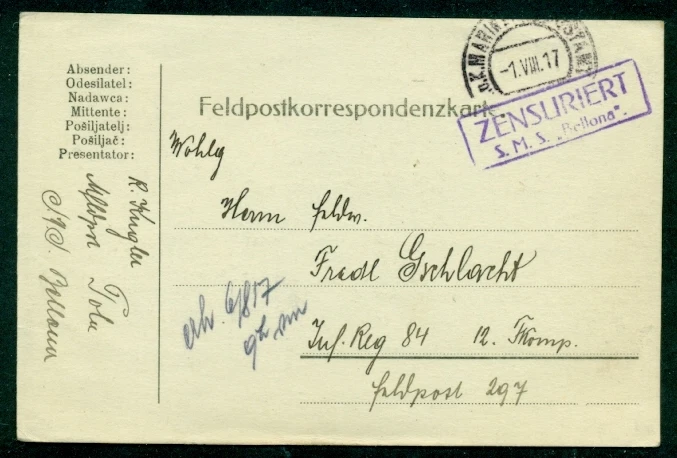 1917, Tarjeta Naval Hungría, barco “BELLONA” en caja 2 líneas púrpura censor barco cancelar, Foto 1 de 1