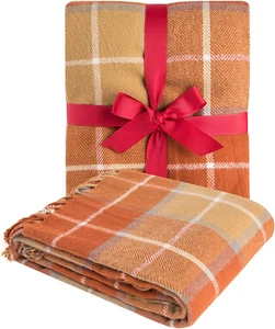 Orange Plaid Blanket Throw 50" X 67" Soft Reversible Dyed for Christmas Decor - Picture 1 of 12