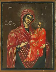 Antique Russian Hand Painted Icon of TIKHVINSKAYA MOTHER OF GOD - Picture 1 of 5