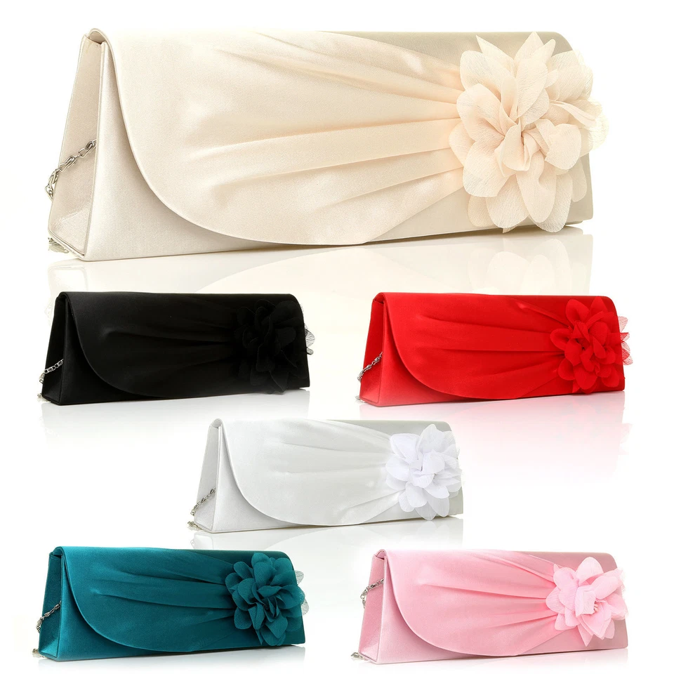 CORE COLLECTION NEW WOMENS LADIES SATIN CLUTCH BAG BRIDAL EVENING PARTY SHOULDER FLOWER HANDBAG