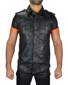 664 Lederhemd Glattesleder mit absätze,Leather shirt,Gay Leder hemd,lederweste - Picture 1 of 5