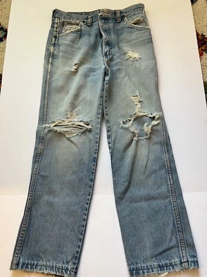 Короткий винтажный Wrangler синий джинсовой ткани Jean мужчин женщин унисекс 31 x 32 хлопок искусственно состаренный - Изображение 1 из 4