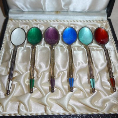 Juego de 6 cucharas esmaltadas danesas Dinamarca A. Michelsen Foto 1 de 4