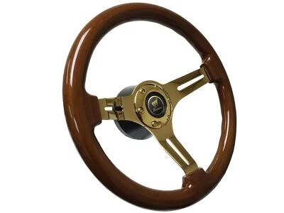 1966-74 Ford Bronco 6 Bolt 14" Limited Gold Steering Wheel Mahogany Chrome Kit - Image 1 of 4