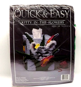 Needlecraft Ala Mode Kitty in the Flowers Tissue Cover Plastic Canvas Kit - Picture 1 of 3