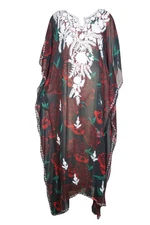 Boho Red Rose Print Maxi Sheer Caftan Georgette Embroidered Maternity Dress 4X