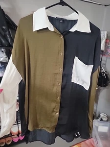 Miou Muse Top Women’s L Black White Olive With Pocket Silk Like - Picture 1 of 6