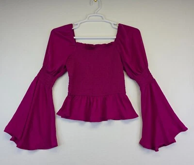 Meraki Top Womens M Purple Puffed Bell Sleeve Square Neck Smocked Babydoll Y2K - Image 1 of 4