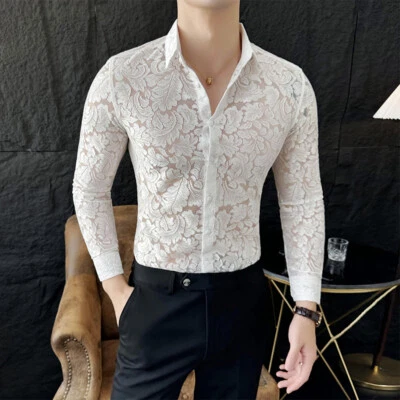Lace Flower Shirt Men Long-sleeve Handsome Hollow Shirt Business Casual Top sexy - Image 1 of 4