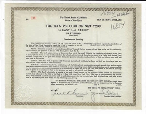 NEW YORK 1938 Zeta PSI Club of New York Bond Stock Certificate #101 GW Pepper - Picture 1 of 2