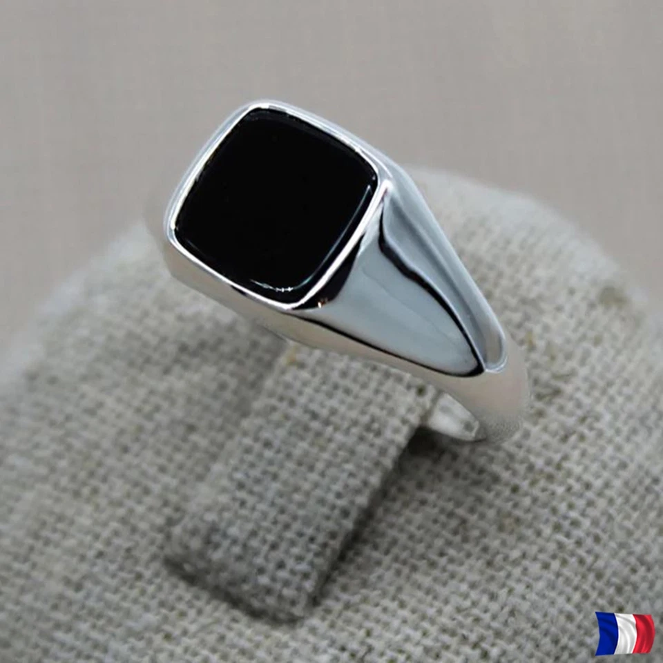 Bague Chevalière Argent 925 Onyx Noir Carré – Homme/Femme Tailles 50–70 Écrin - Photo 1/4