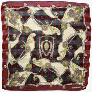 Vintage 80s Paolo Gucci Equestrian Saddle & Tartan Print Silk Scarf, Plaid Shawl - Picture 1 of 5