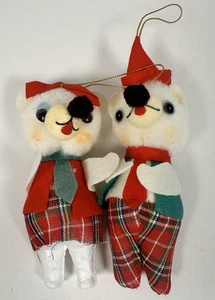 Vintage 60s Christmas Bear Ornaments Red Tartan Plaid Styrofoam MCM Felt - Picture 1 of 5