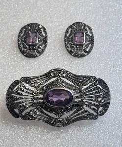 Orecchini Art Deco ametista marcasite filigrana argento sterling 925 spilla/spilla #3 - Foto 1 di 14