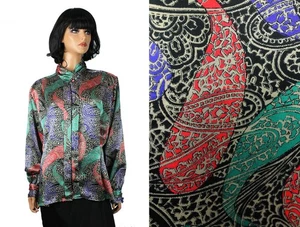 80er Sekretär Bluse 16 XL Vintage schwarz rot blau Paisley Rollkragen Kleid Shirt - Bild 1 von 7