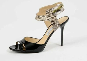 Jimmy CHOO MARCIA BLACK PATENT GREEN ELAPHE SNAKE SANDALS EU 38.5 I LOVE SHOES - Picture 1 of 8
