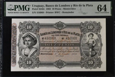 Uruguay Banco de Londres y Rio de la Plata 10 pesos 1883 remainder CU 64 P#S242r - Image 1 of 2