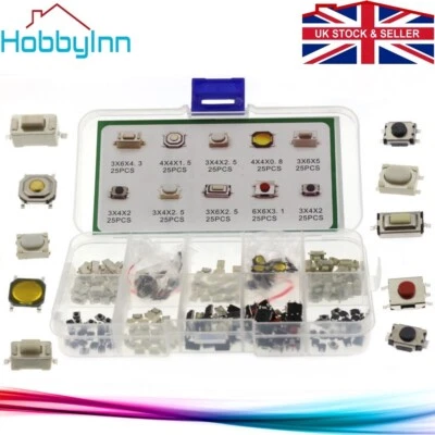 HOBBYINN Micro Tactile Switch Push Button Momentary Tact SMD 4pins 250pcs 10Value Kit