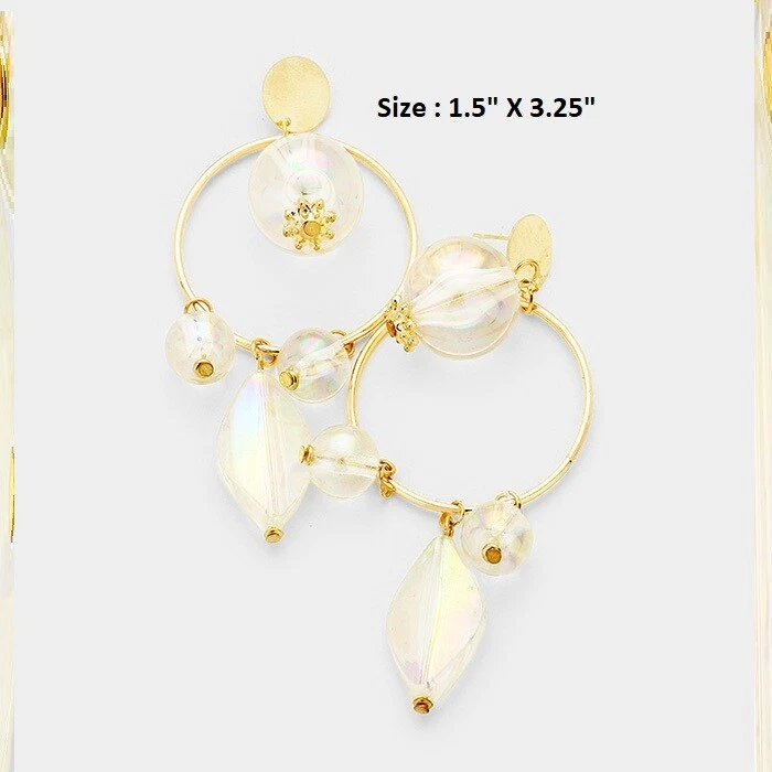 Pendientes largos transparentes AB Aurora Borealis cuentas diamante lucita poste aro círculo abierto Foto 1 de 1