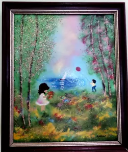Louis Cardin Enamel on Copper Framed Signed Vintage Children "Holiday Fun" COA - Picture 1 of 5
