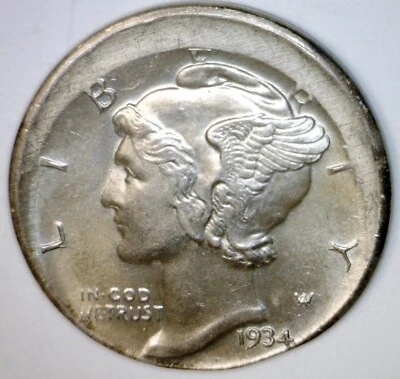 1934d ERROR OFF CENTER Mercury SILVER Dime NICE LUSTER BU ++ Coin O/C #1  NR - Image 1 of 2