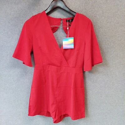 Missguided Red V-Neck Playsuit - Short Sleeve, Size 8, Brand New With Tags - image 1 of 4