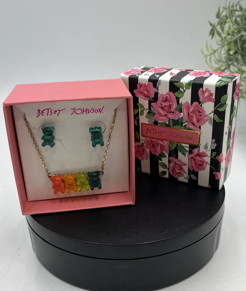 Betsey Johnson Gummy Bear Stud Earrings and Pendant Necklace Colorful Set