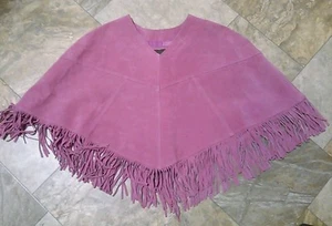 Brandon Thomas 100% Suede Leather Top Poncho Size XS Solid Pink EUC Fringes NICE - Picture 1 of 3