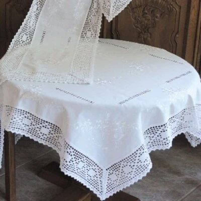 Tischdecke weiß Nostalgie Häkel Hohlsaum Läufer Kissen Deckchen Landhaus 6937 - Bild 1 von 4